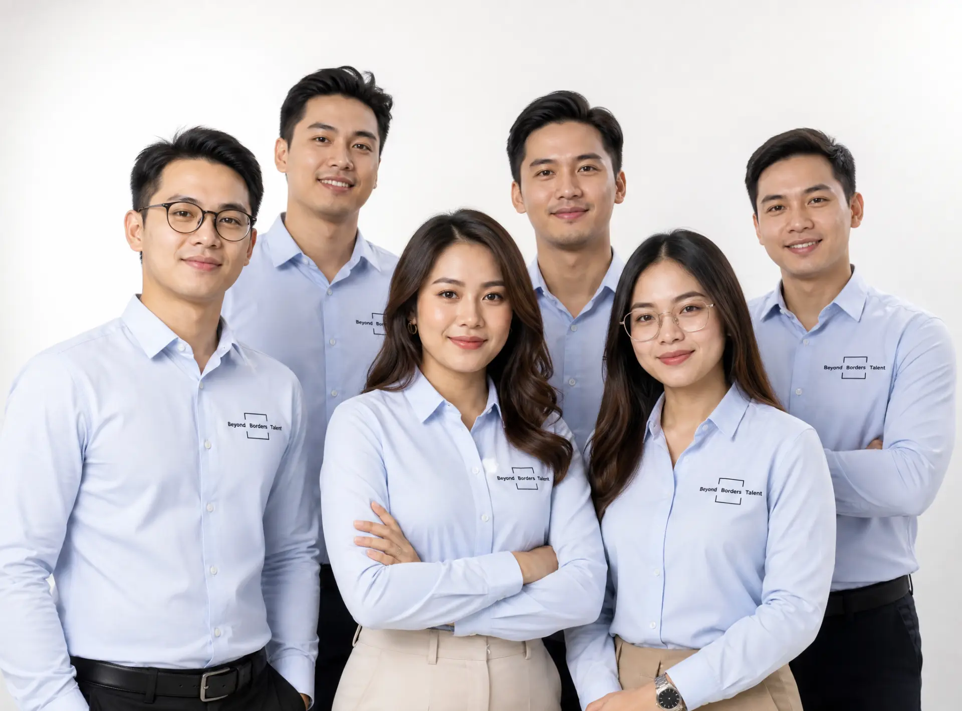 Six professionals in Beyond Borders Talent business shirts